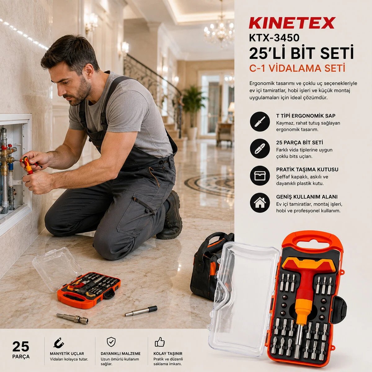 25PCS Saatçi - Telefoncu Bits Tornavida Uç Bits Seti KTX-3450 görsel 2