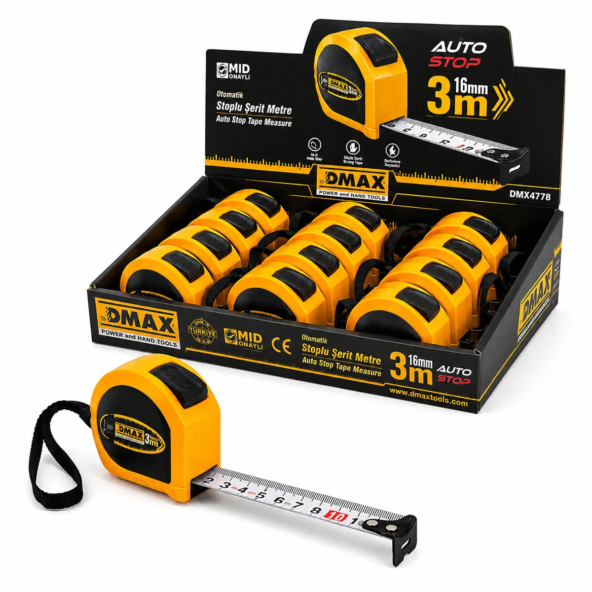 12 Adet 3MT X 16MM Otomatik Çelik Şerit Metre Stoplu