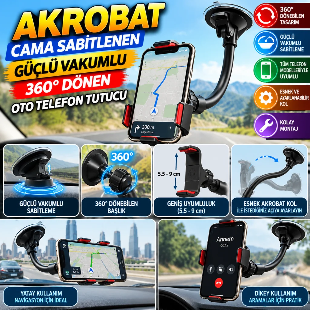 Akrobat Cama Sabitlenen Güçlü Vakumlu 360 Derece Dönen Tüm Modellere Uyan Oto Telefon Tutucu