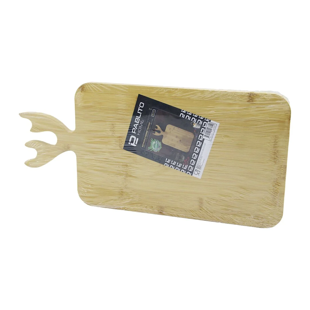 Dikdörtgen Ahşap Bambu Kesim Panosu - Kesme Tahtası Geyik Boynuz Figür Saplı 22X36CM