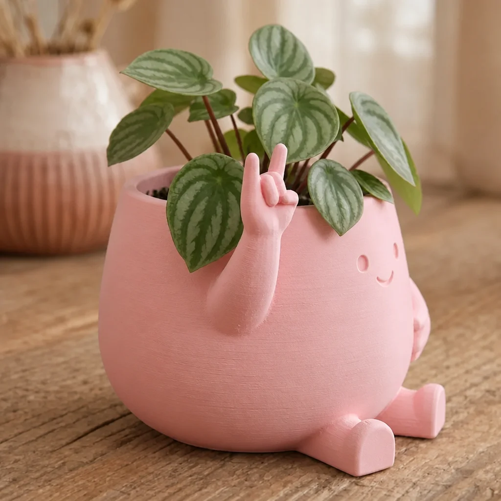 3D Baskı Smiley Face Planter - Gülümseyen Karakterli Saksı-Pembe görsel 2