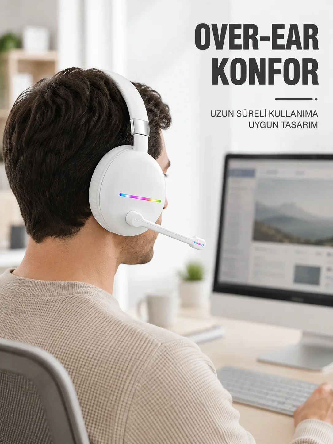 Beyaz Bluetooth 5.0 krofonlu Kablosuz Kulak Üstü Kulaklık RGB Işıklı Type-C Şarjlı
