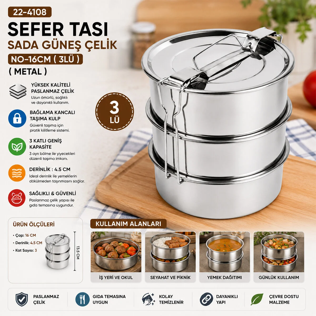 Çelik 3LÜ Metal Sefer Tası Taşıma Kulp=bağlama Kancalı görsel 2