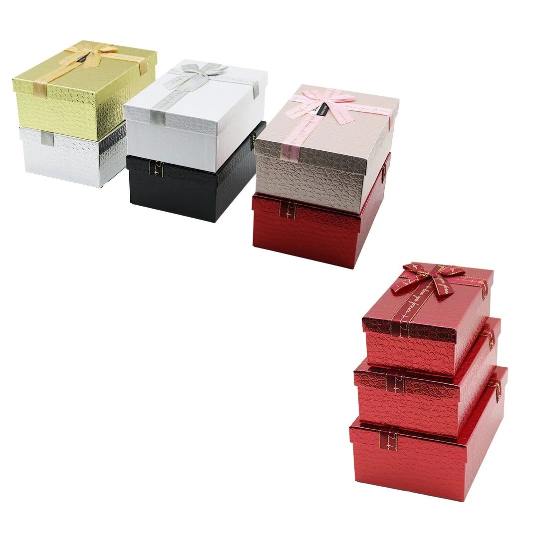 3PCS D.dörtgen Parlak x Renkli - Kabartma Desen Karton Hediye Kutusu Kurdelalı 22.5X15.5-20.5X13.5-18.5X11.5CM