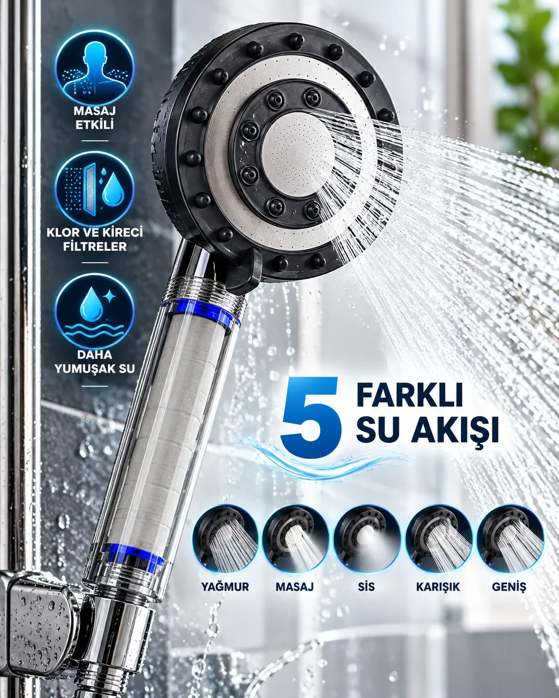 Klor ve Kireç Filtreli Duş Başlığı 5 Farklı Su Akışı Masaj Etkili Filtreli Duş Başlığı