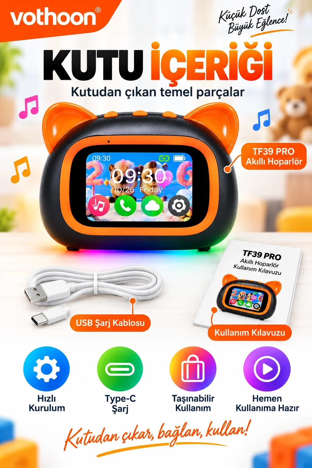 TF39 PRO Yapay Zekalı Bluetooth Hoparlör – Renkli Ekran, RGB Işık, Alarm ve Saat görsel 2