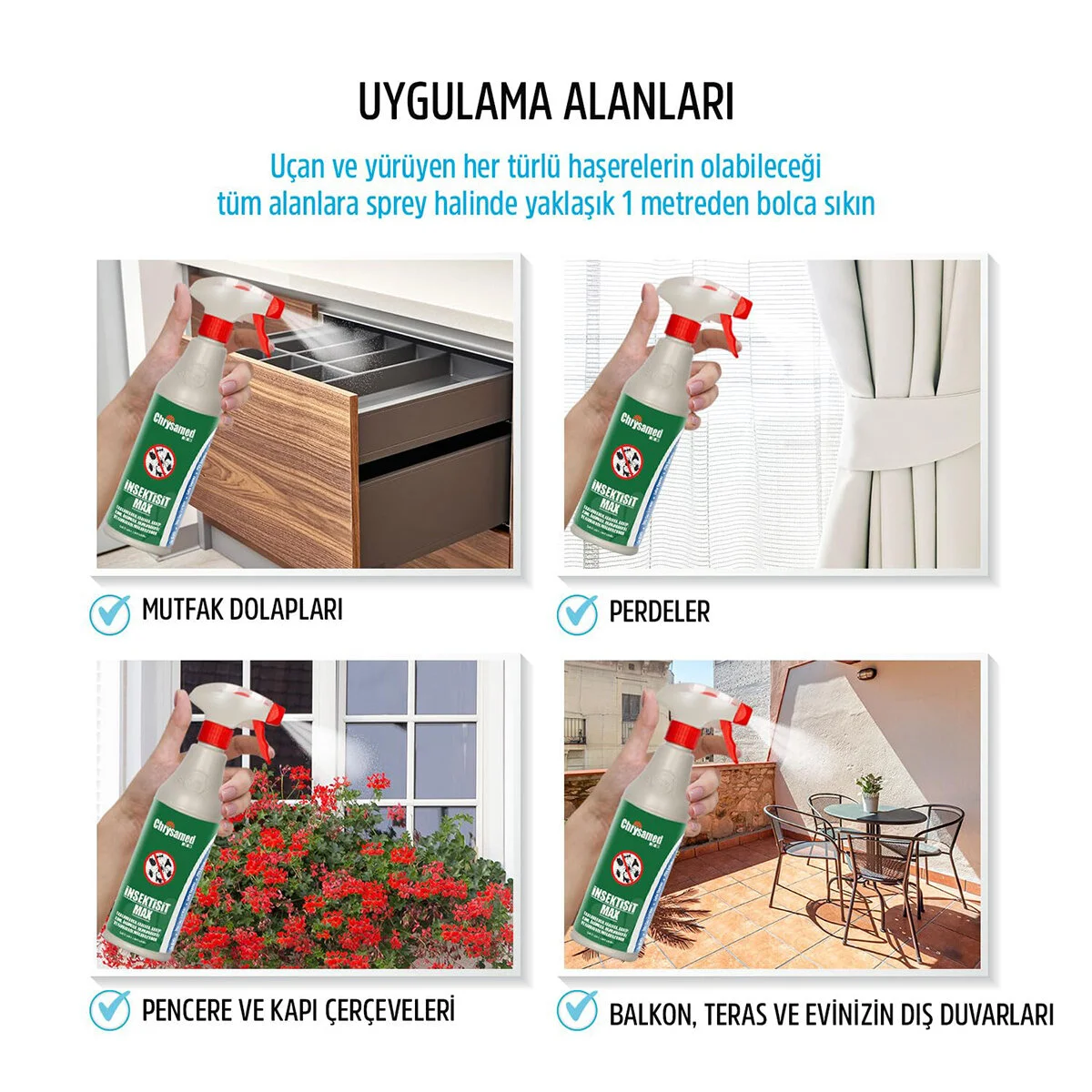 Chrysamed İnsektisit Max Sıvı Böcek İlaç Sprey 500ML Hamamböcek - Kene - Akrep - Karınca - Tahta Kurusu görsel 3