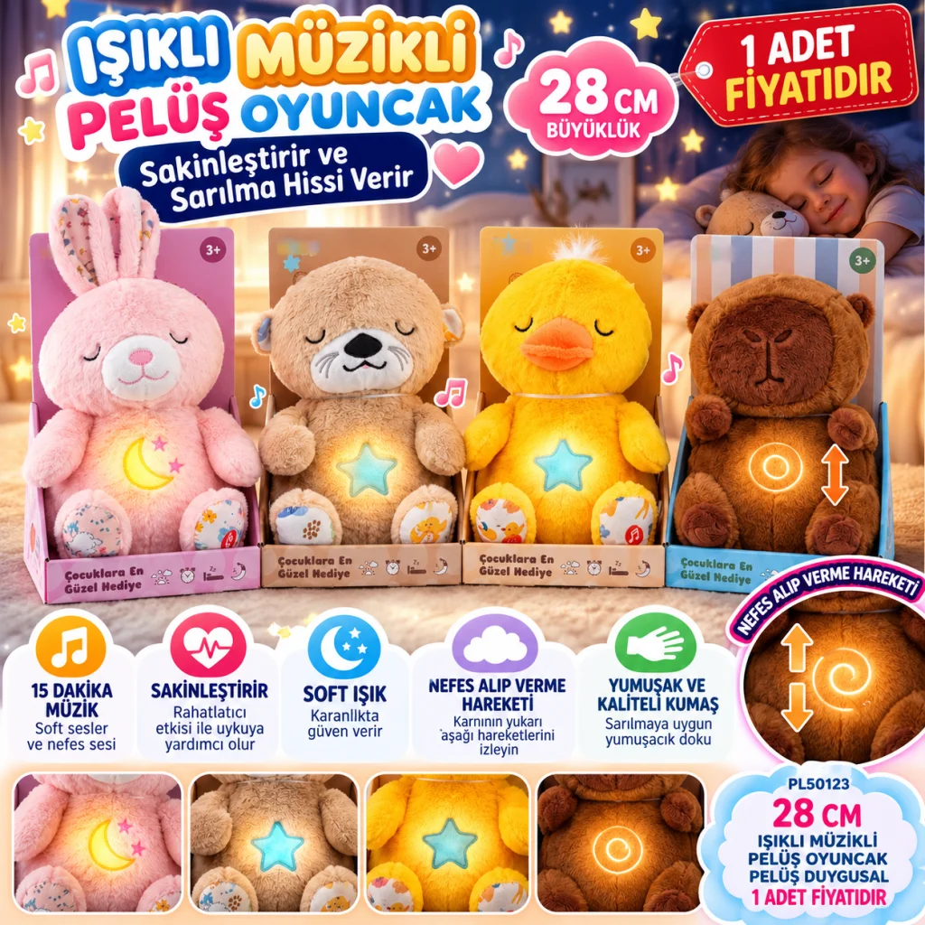 PL50123 28 CM IŞIKLI MÜZİKLİ PELUŞ OYUNCAK PELUŞ DUYGUSAL (adet fiyatıdır)