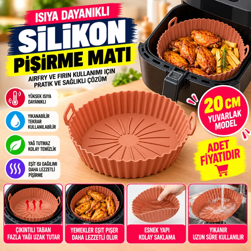 Renkli Isıya Dayanıklı Yıkanılabilir Silikon Fırın Ve Airfryer Yuvarlak Pişirme Matı 20 Cm (adet fiyatıdır)