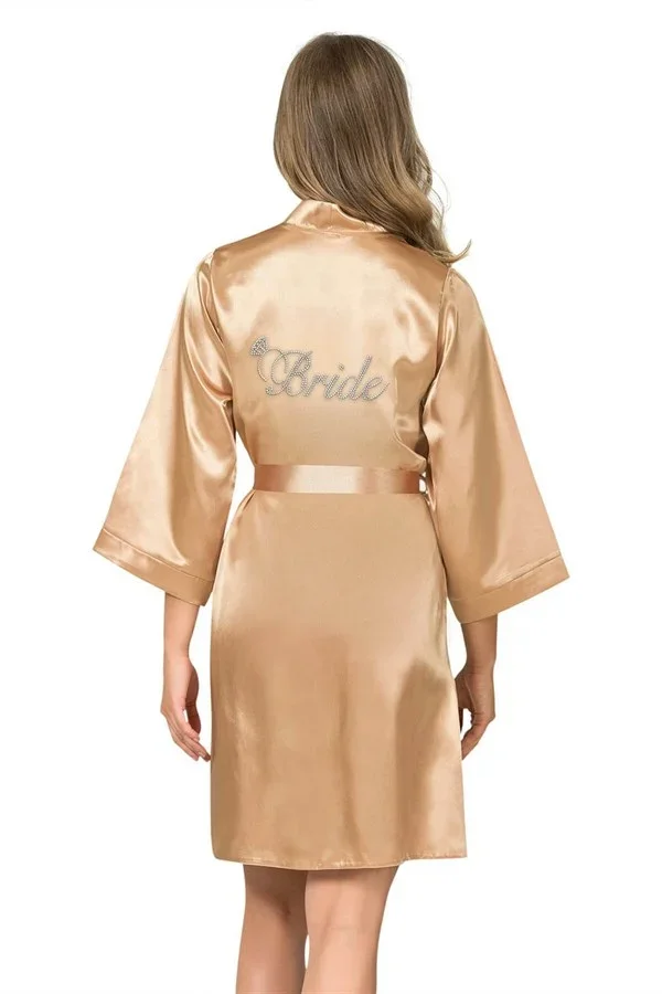 Şık Tasarım Yumuşak Dokulu Gold Kısa Saten Bride Sabahlık