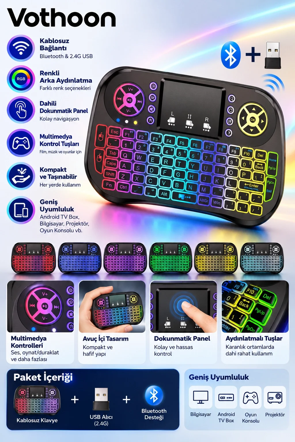 ZK-08 RGB Işıklı Mini Kablosuz Klavye Touchpad Bluetooth ve 2.4G Smart TV Kumandası