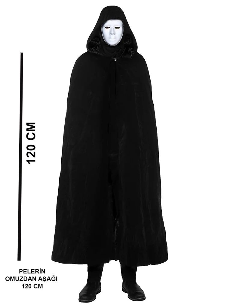 Siyah Kapüşonlu 120 cm Pelerin ve Beyaz Boyanabilir Tam Yüz Maske görsel 2