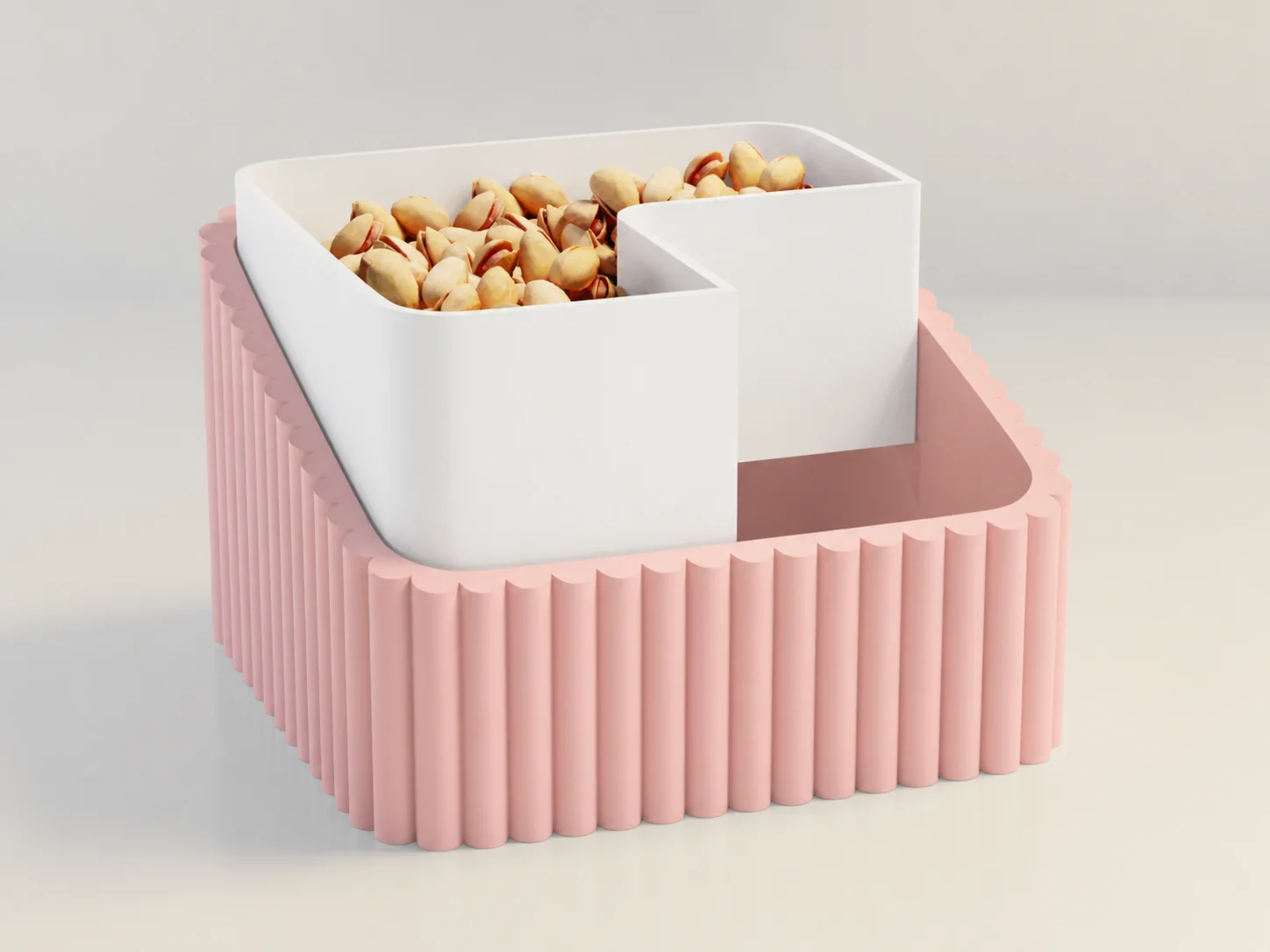 3D Baskı Fıstık Kasesi - Çift Hazneli Kabuk Ayırıcı Sunum Kasesi - Pembe Beyaz