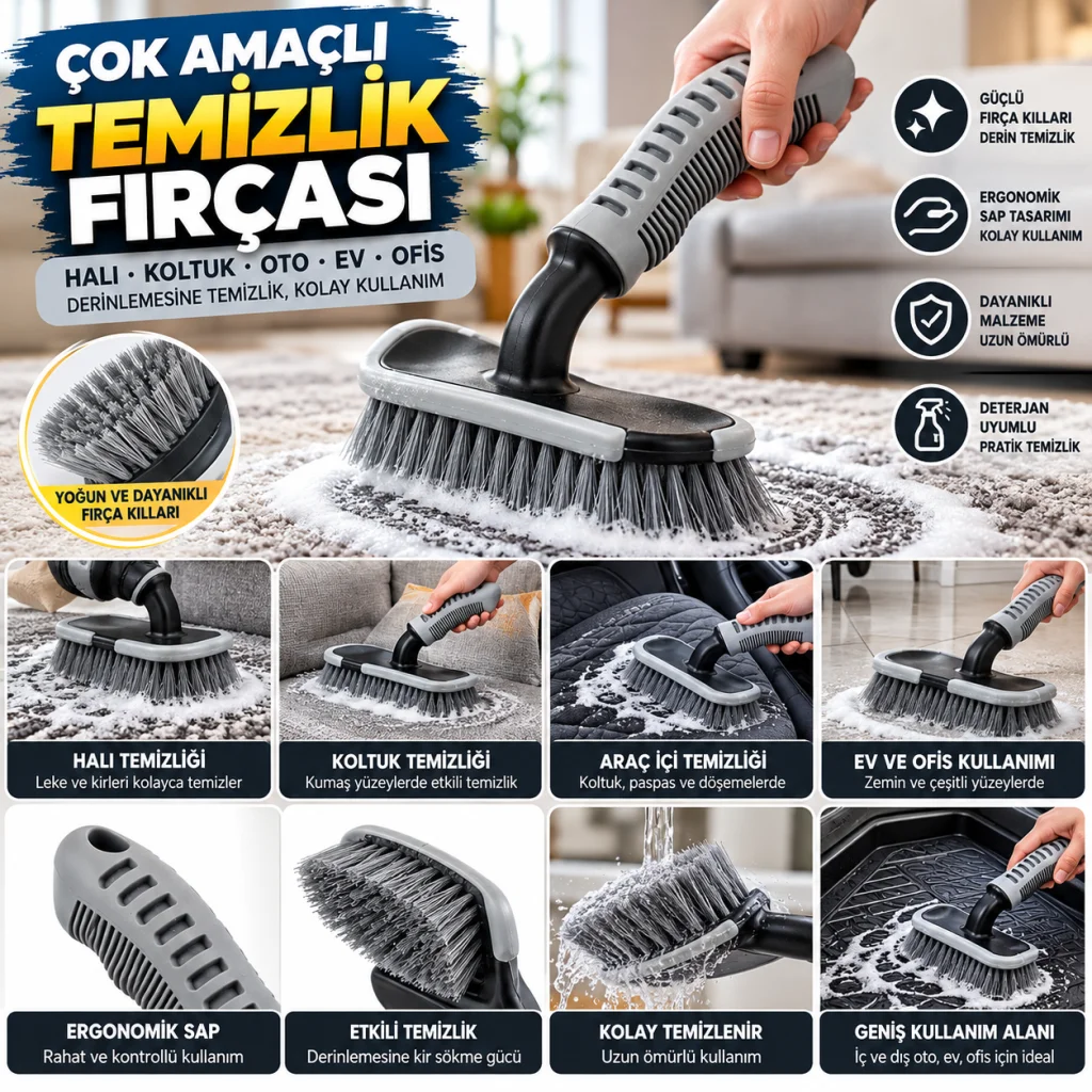 Saplı Halı, Koltuk ve Araç Temizlik Fırçası – Çok Amaçlı İç & Dış Oto, Ev ve Ofis Kullanımı İçin Ergonomik Temizlik Aparatı