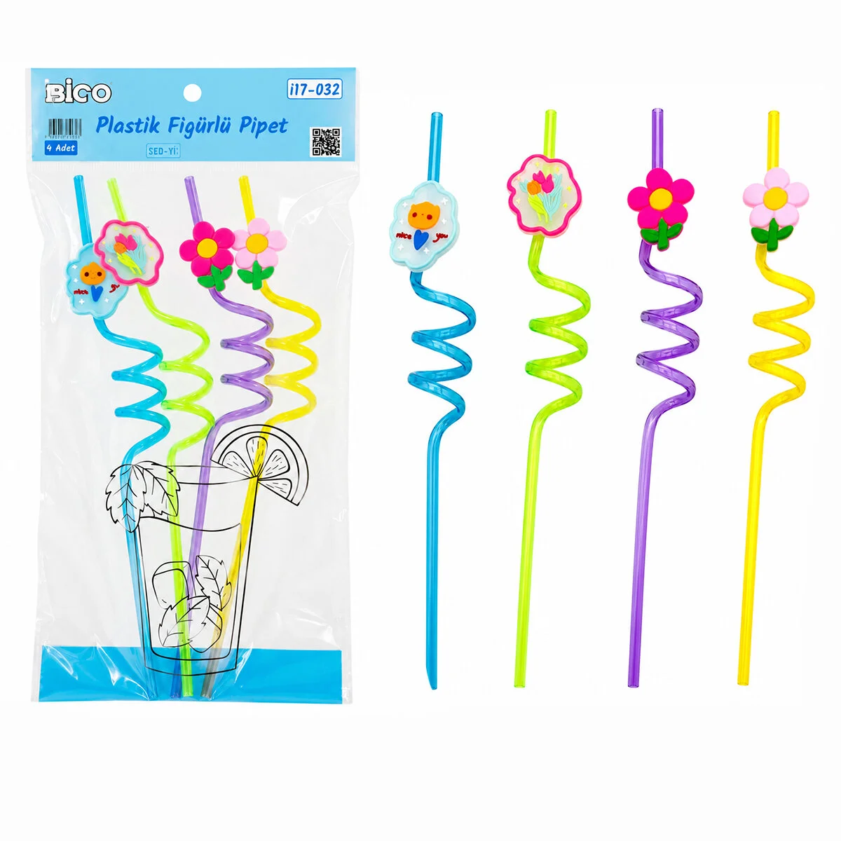 4PCS Kıvrımlı - Renkli Plastik Pipet Figürlü=x