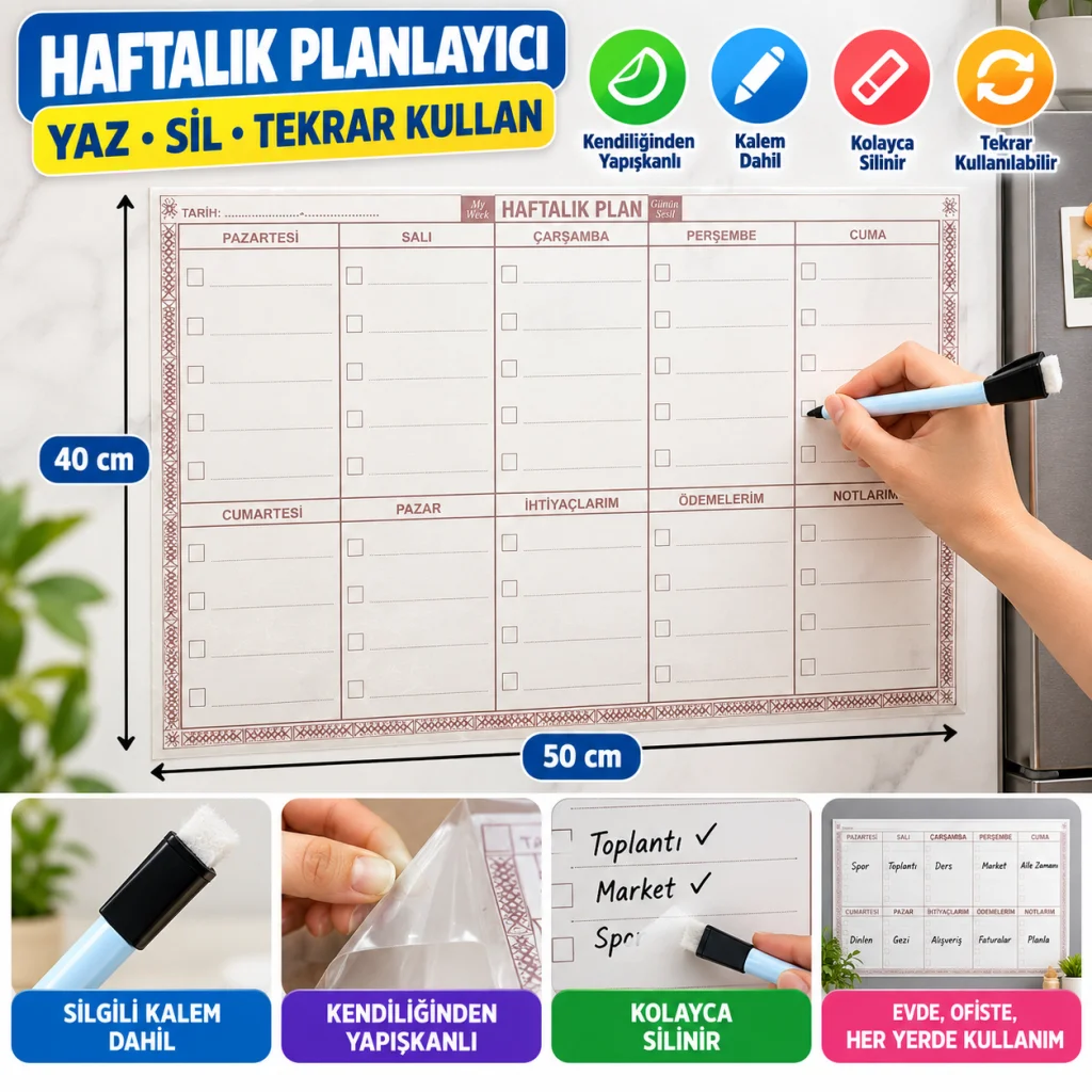 Şeffaf Kendiliğinden Yapışkanlı Kalemli Haftalık Planlayıcı 40cm-50cm