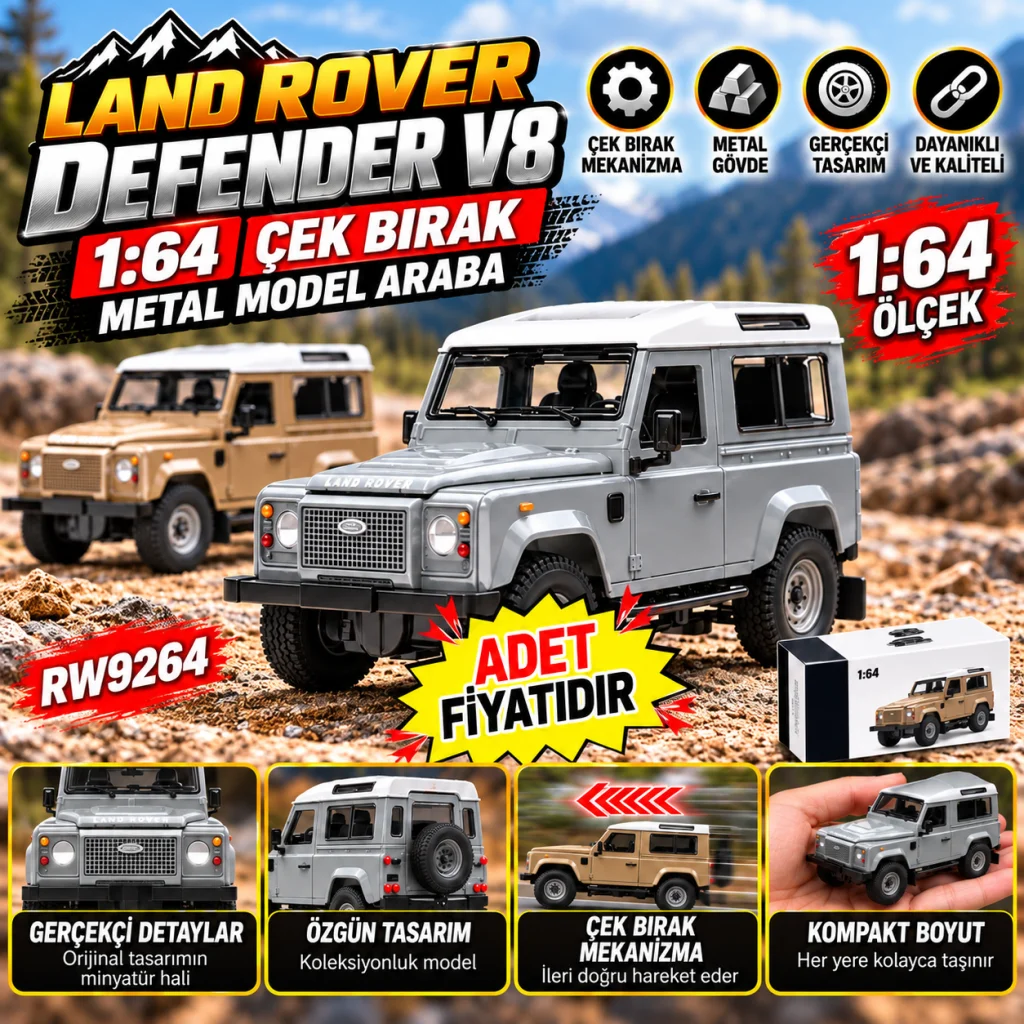 RW9264 1:64 LAND ROVER DEFENDER V8 ÇEK BIR.ARA METAL MODEL ARABA (adet fiyatıdır)