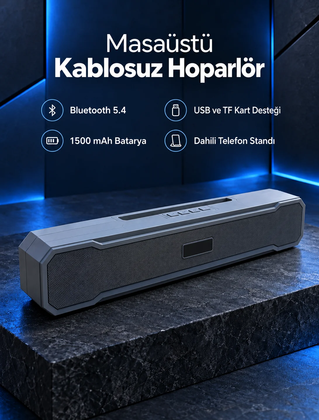 Yatay Formlu Telefon Standlı Type C Şarj Girişli Bluetooth Masaüstü Ses Sistemi