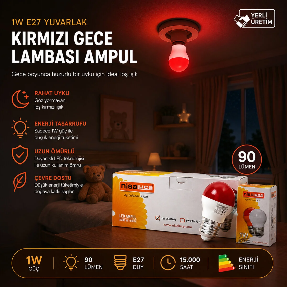 10 Adet 1W E27 Kırmızı Yuvarlak Gece Lambası Led Ampul EAMP-075