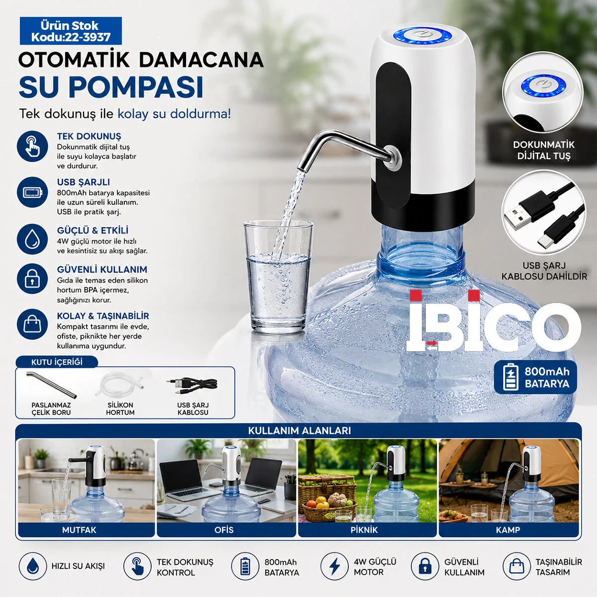 USB ŞARJLI - OTOMATİK DAMACANA SU POMPASI 4W - 800mAH İ11-071 görsel 4