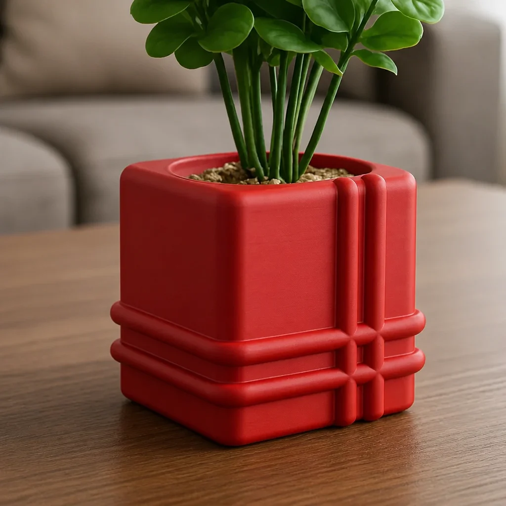 3D Baskı Square Planter - Izgara Desenli Küp Saksı-Kırmızı