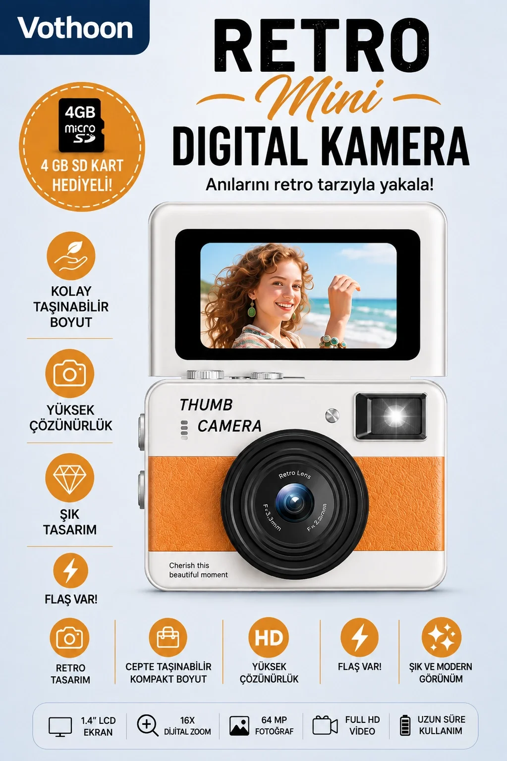 Retro ni Dijital Kamera 1080P 1.47 İnç Flip Ekranlı Flaşlı Selfie Vlog Kamerası 4GB SD Hediyeli Turuncu