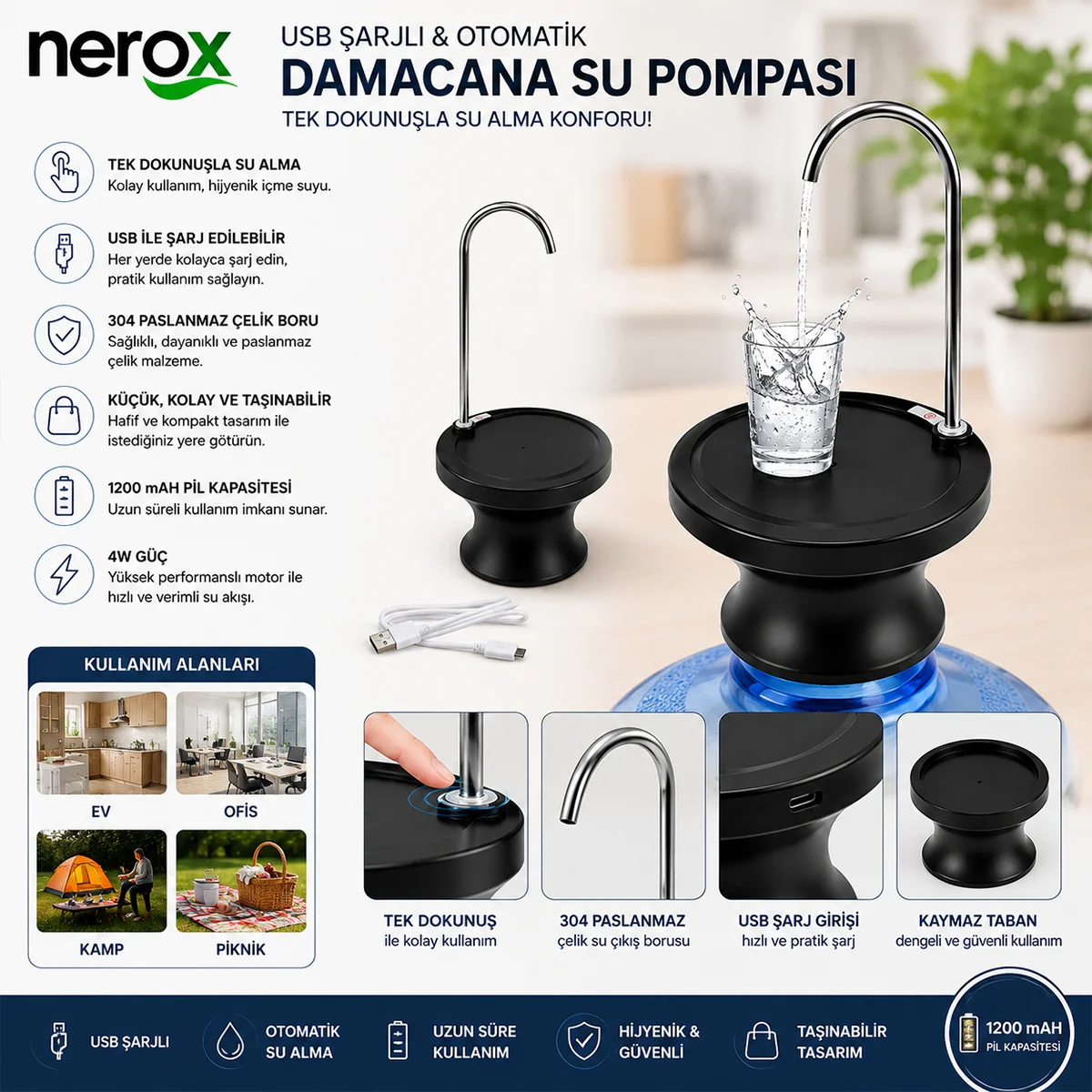 USB Şarjlı Otomatik Damacana Su Pompası 360° Başlıklı Standlı görsel 4