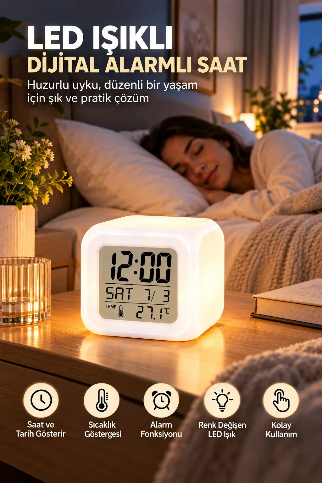 Dijital Ekranlı Küp Saat LED Işıklı Alarm ve Sıcaklık Göstergeli