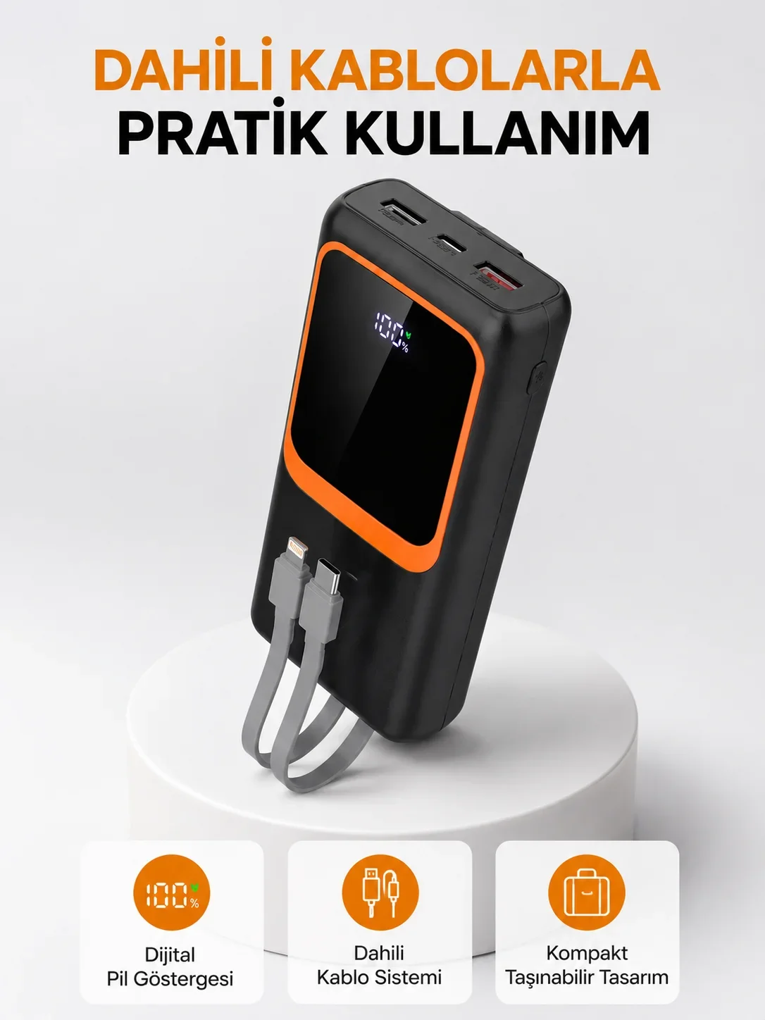 Powerbank 20000 mAh Dijital Ekranlı ve Çok Kablolu Hızlı Şarj Cihazı