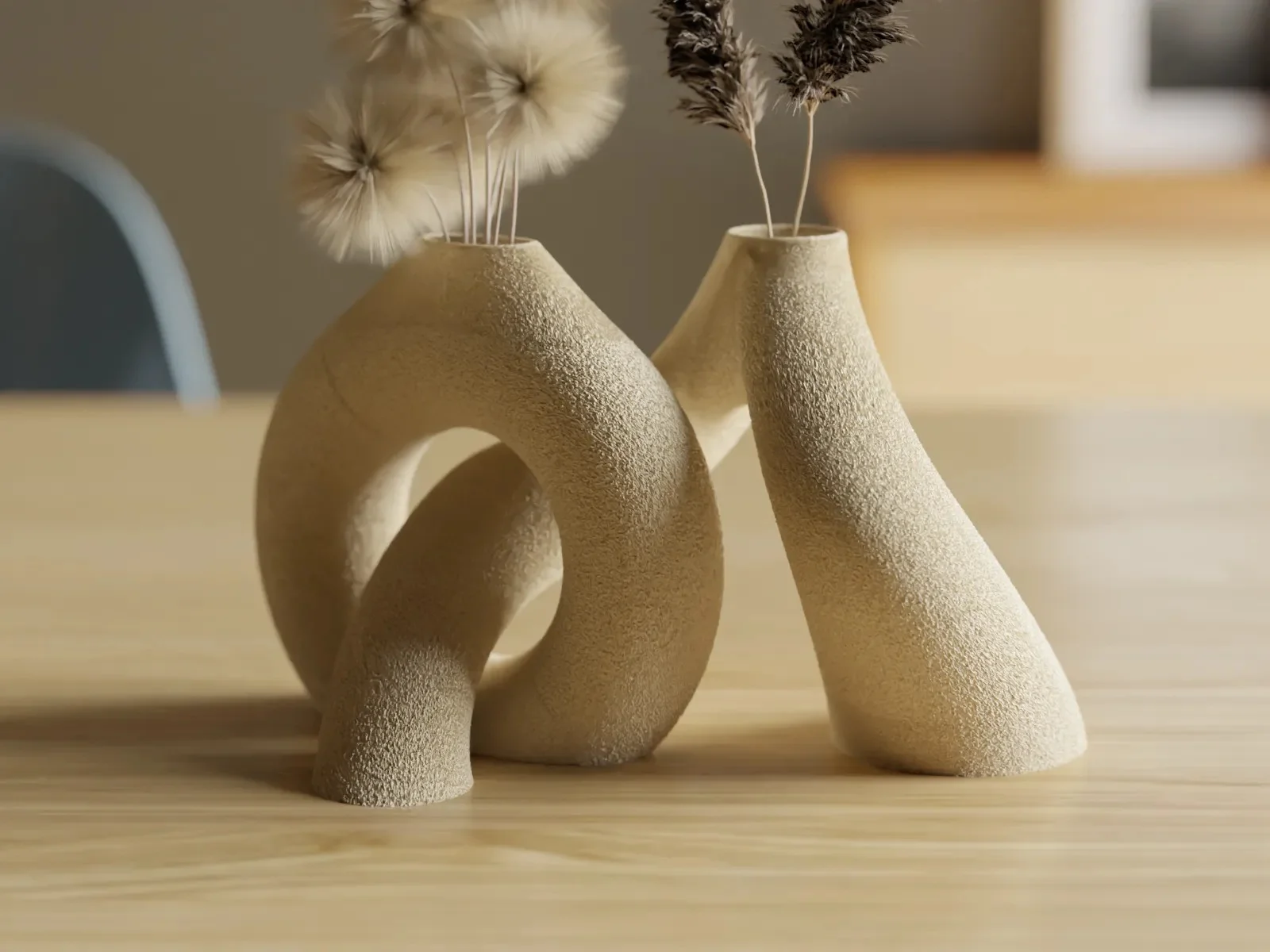 3D Baskı 2li Organik Formlu Vazo Seti Kum Dokulu Modern Kuru Çiçeklik Bej Dekoratif İkili Set görsel 2