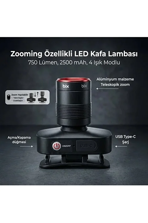 BXT1FL 10W Şarj Edilebilir Kafa Feneri 750 Lümen 2500mAh 4 Işık Modlu Zoom Özellikli LED Kafa görsel 4