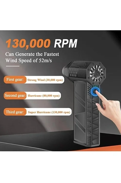 Turbo Jet 130000RPM Şarjlı Turbo Jet Şiddetli Fan Güçlü Hava Üfleyici Araç Süpürgesi 4000 Mah 52M/Sec görsel 2