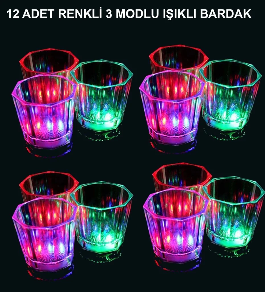 LED Işıklı Eğlence Bardakları - 3 Modlu Renk Değiştiren Bardak 12 Adet görsel 2