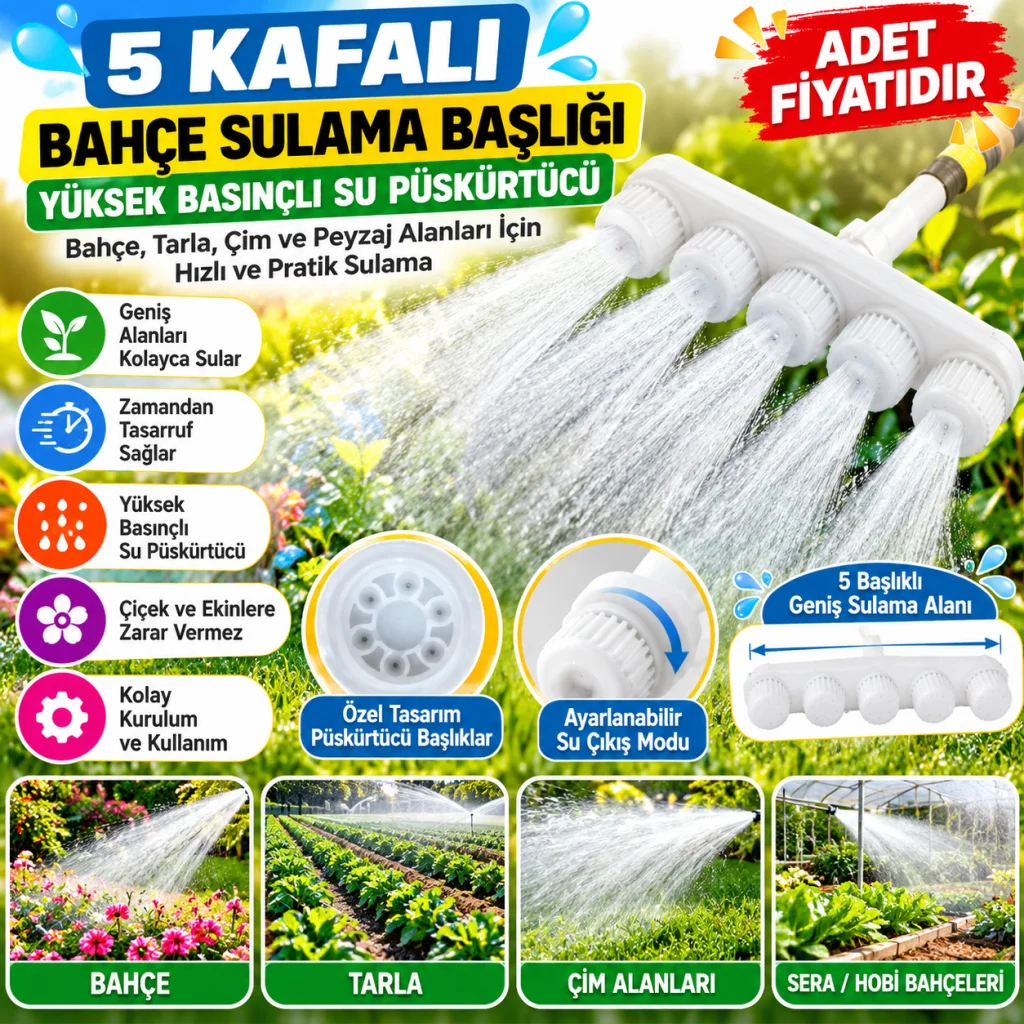 5 Kafalı Peyzaj Bahçe Tarla Çim Sulama Başlığı Yüksek Basınçlı Su Püskürtücü Hortum Aparatı(adet fiyatıdır)