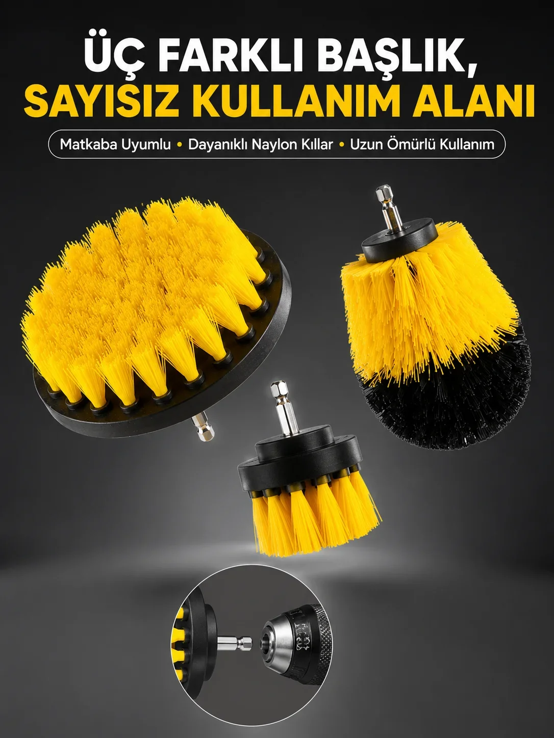 Banyo ve Mutfak İçin Matkap Ucu Tezlik Fırçası 3’lü Set