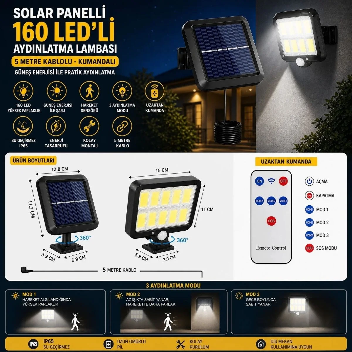 160 LED Solar Bahçe Aydınlatması, 6'lı Güneş Panelli LED Lamba, 5 Metre Kablolu ve Kumandalı görsel 5
