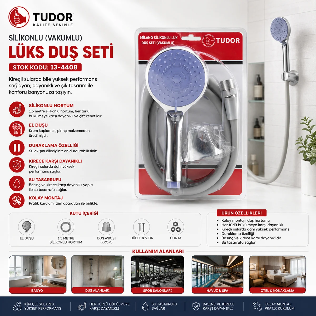 Vakumlu Silikon Lüks Duş Seti 1.5m - Çok Fonksiyonlu Duş Başlığı, 3 Kademe Mafsal görsel 3