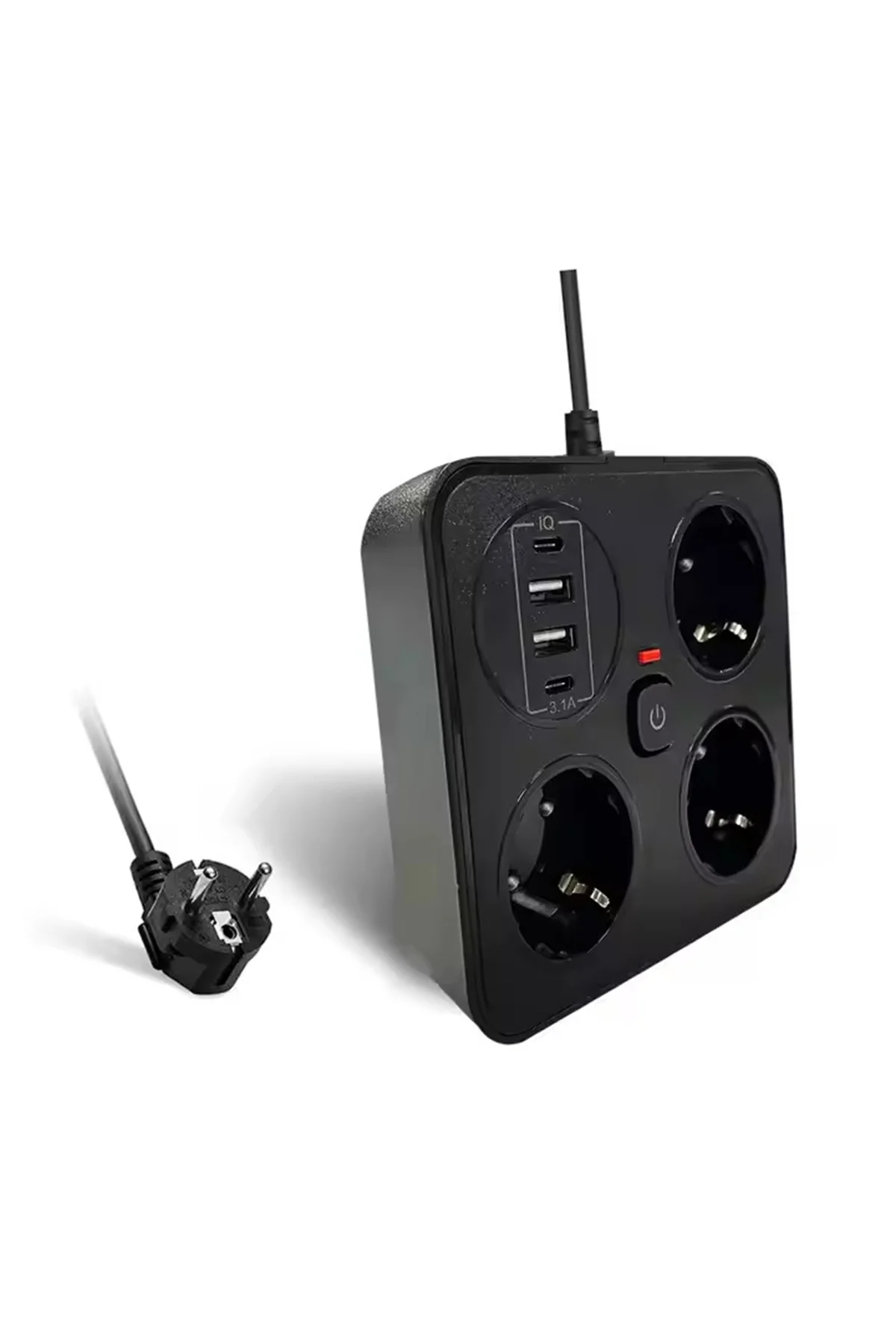 Akım Korumalı Anahtarlı Priz - 3X Priz - 2X Usb - 2X Type-C - 2 mt Kablo Hızlı Şarj Özellikli Siyah görsel 2