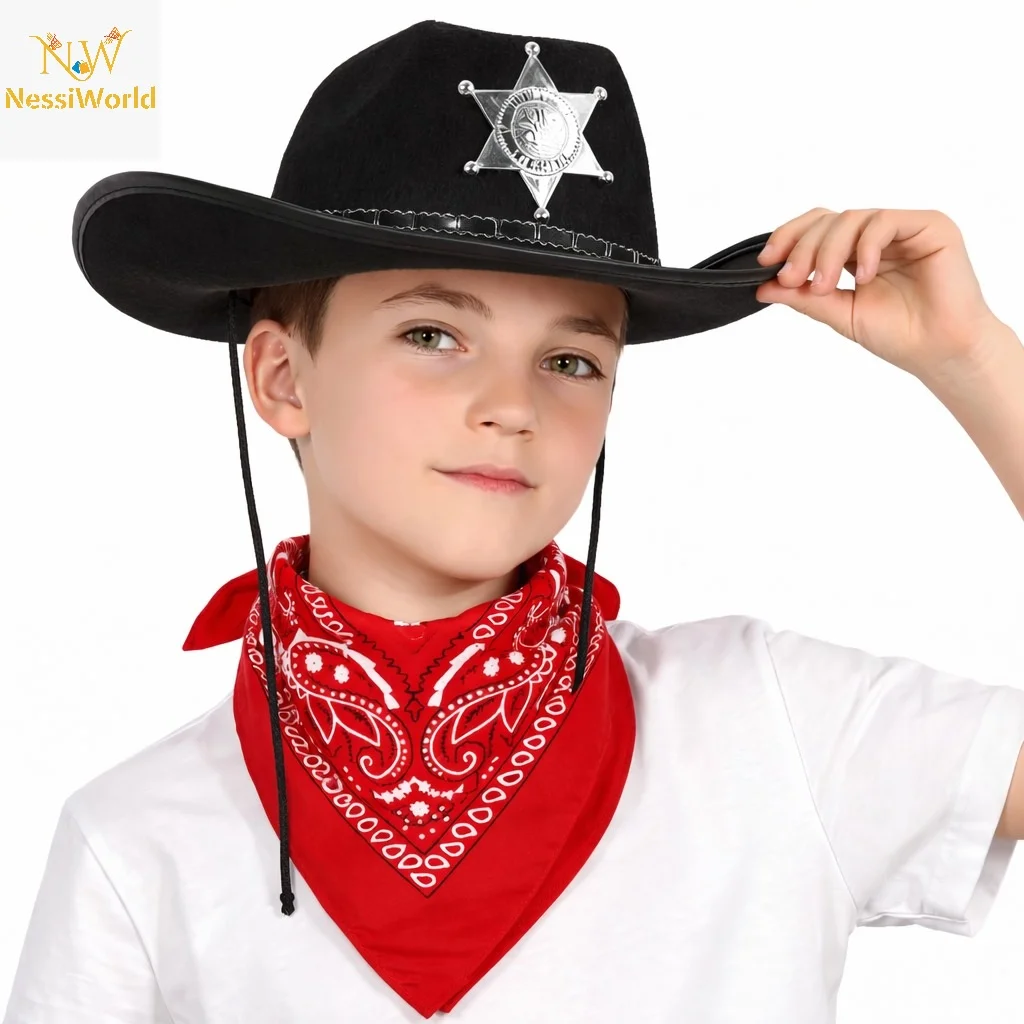 Çocuk Kovboy Şapka Rozetli Siyah & Kırmızı Bandana Seti görsel 2