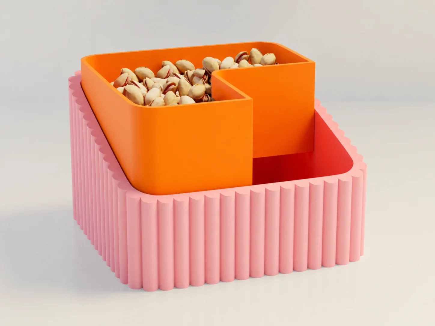3D Baskı Fıstık Kasesi - Çift Hazneli Kabuk Ayırıcı Sunum Kasesi - Pembe Turuncu