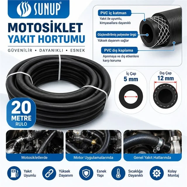 SN-38807 20 Metre 12mm Motosiklet Araç Yakıt Hortumu Rulo Esnek Güçlendirilş görsel 2