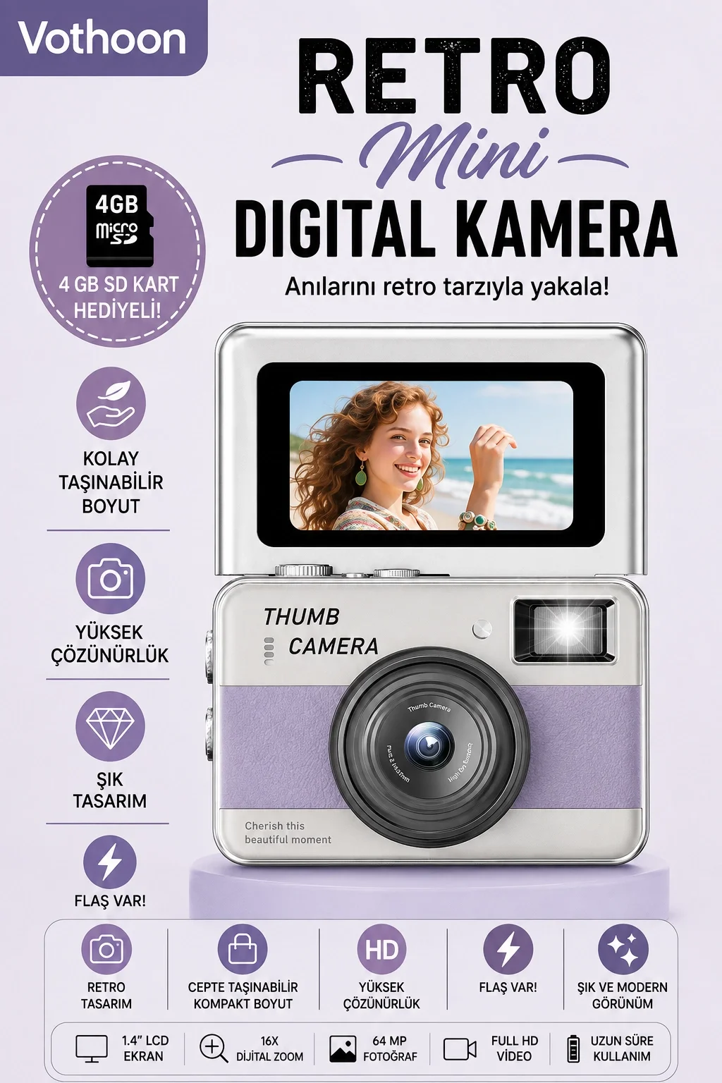 Retro ni Dijital Kamera 1080P 1.47 İnç Flip Ekranlı Flaşlı Selfie Vlog Kamerası 4GB SD Hediyeli Mor