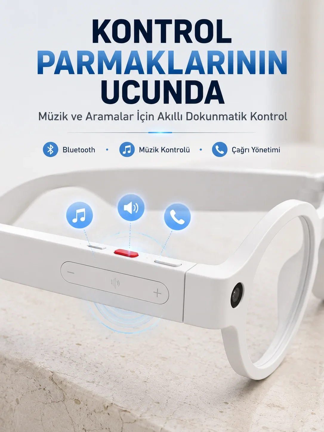Beyaz Yapay Zeka Akıllı Gözlük Fotoğraf Video Ses Kayıtlı Çoklu Dil Çeviri Bluetooth Bağlantılı 3 Lensli