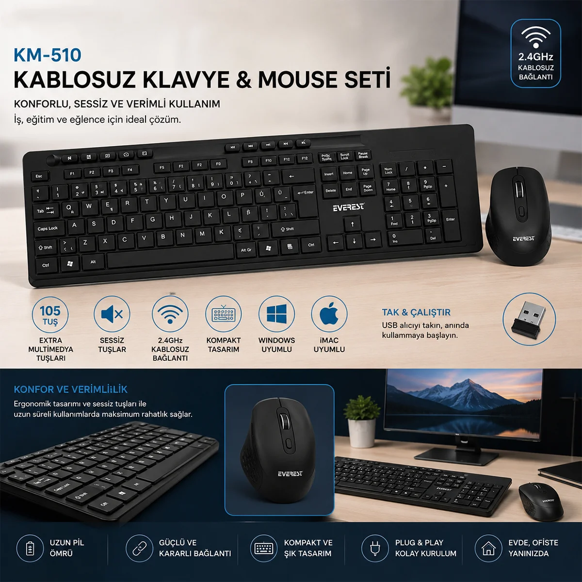 Kablosuz Multimedya Klavye ve Mouse Seti (Q Klavye) - Siyah görsel 3