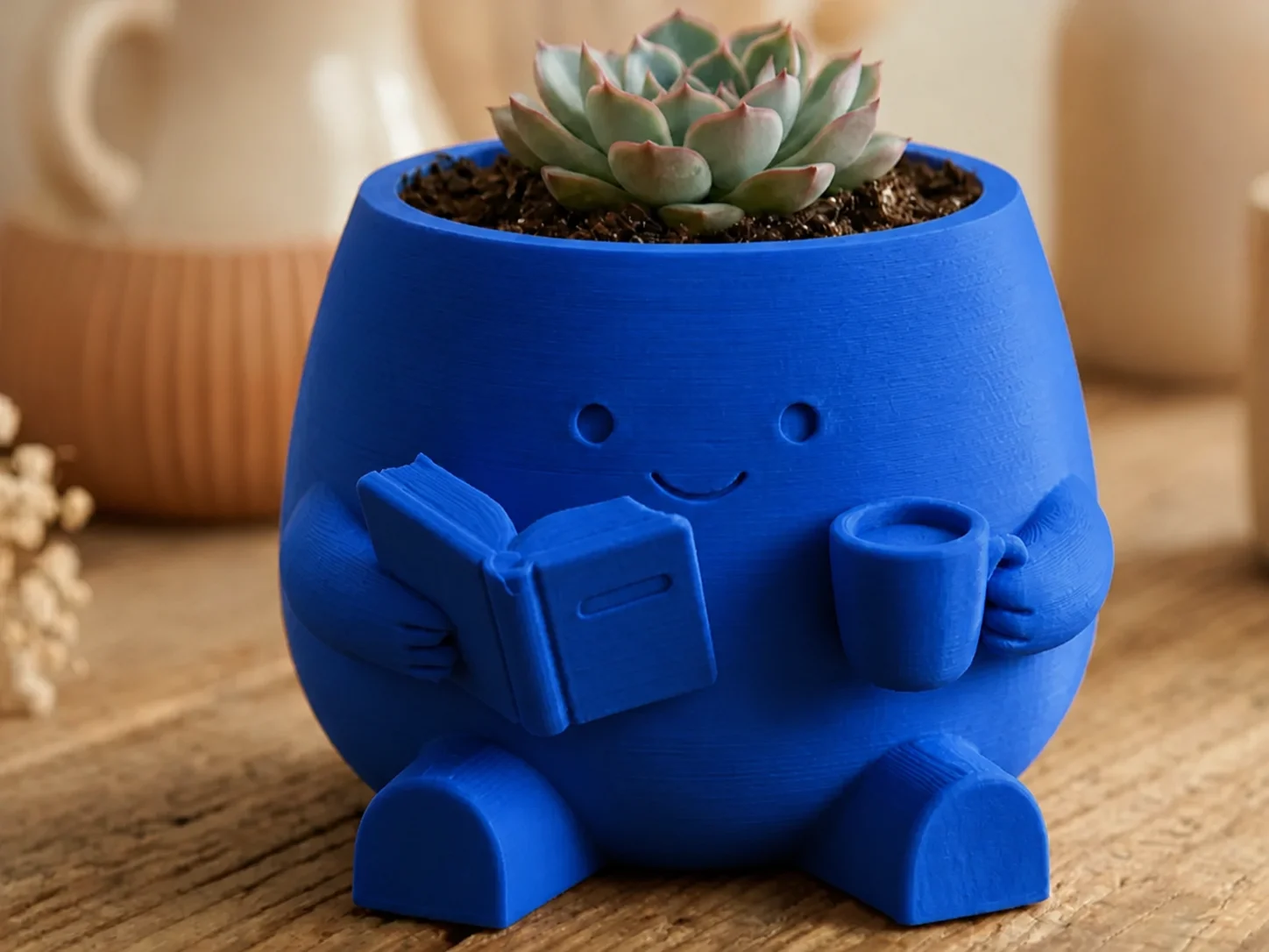 3D Baskı Kitap Okuyan Saksı - Kupa Tutan Sevimli Saksı-Mavi