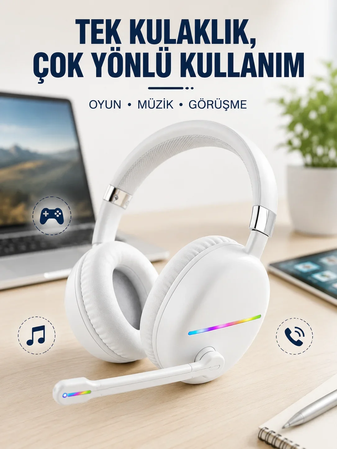 Beyaz Kablosuz Bluetooth Kulaklık krofonlu Ergonok Kulak Üstü Tasarım