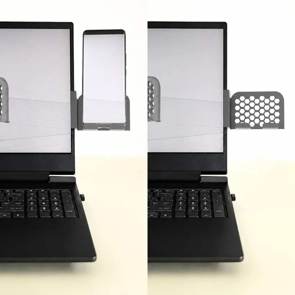 3D Baskı Monitor Telefon Tutucu - Petek Desenli Laptop Kenar Telefon Tutucu-Gri