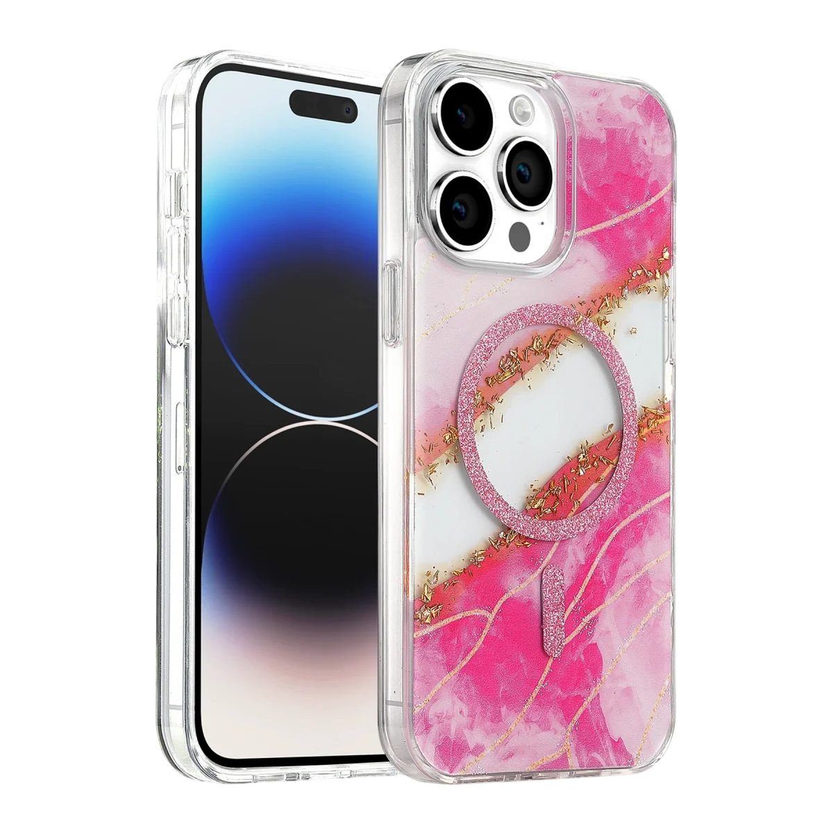 Onegif Apple İphone 15 Pro Max Lotus Simli Magsafe Kapak - Pembe
