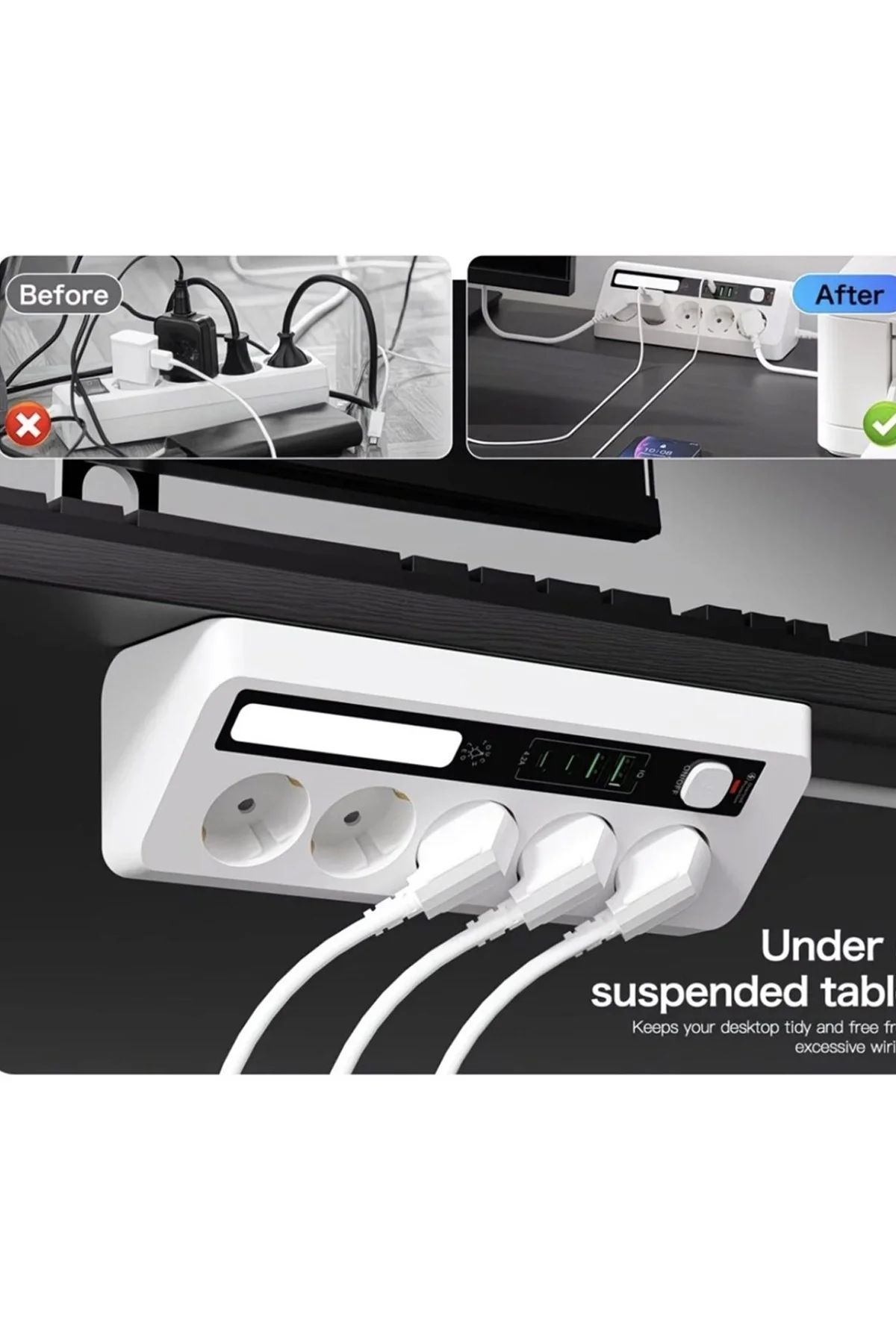 5’li Akım Korumalı Priz 2500W | 2 USB + 2 Type-C Hızlı Şarj | LED Gece Lambalı | Dokunmatik Beyaz görsel 2