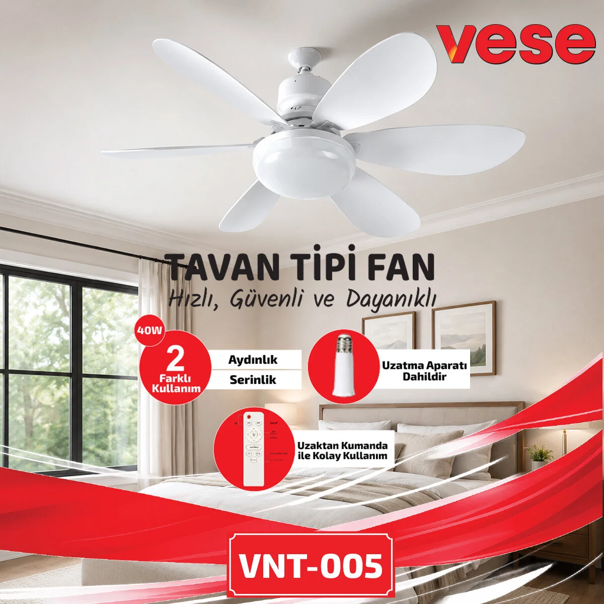 2İN1=TAVAN Vantilatör - Avize Lamba 40W Kumandalı 6KNAT VNT-005 görsel 2